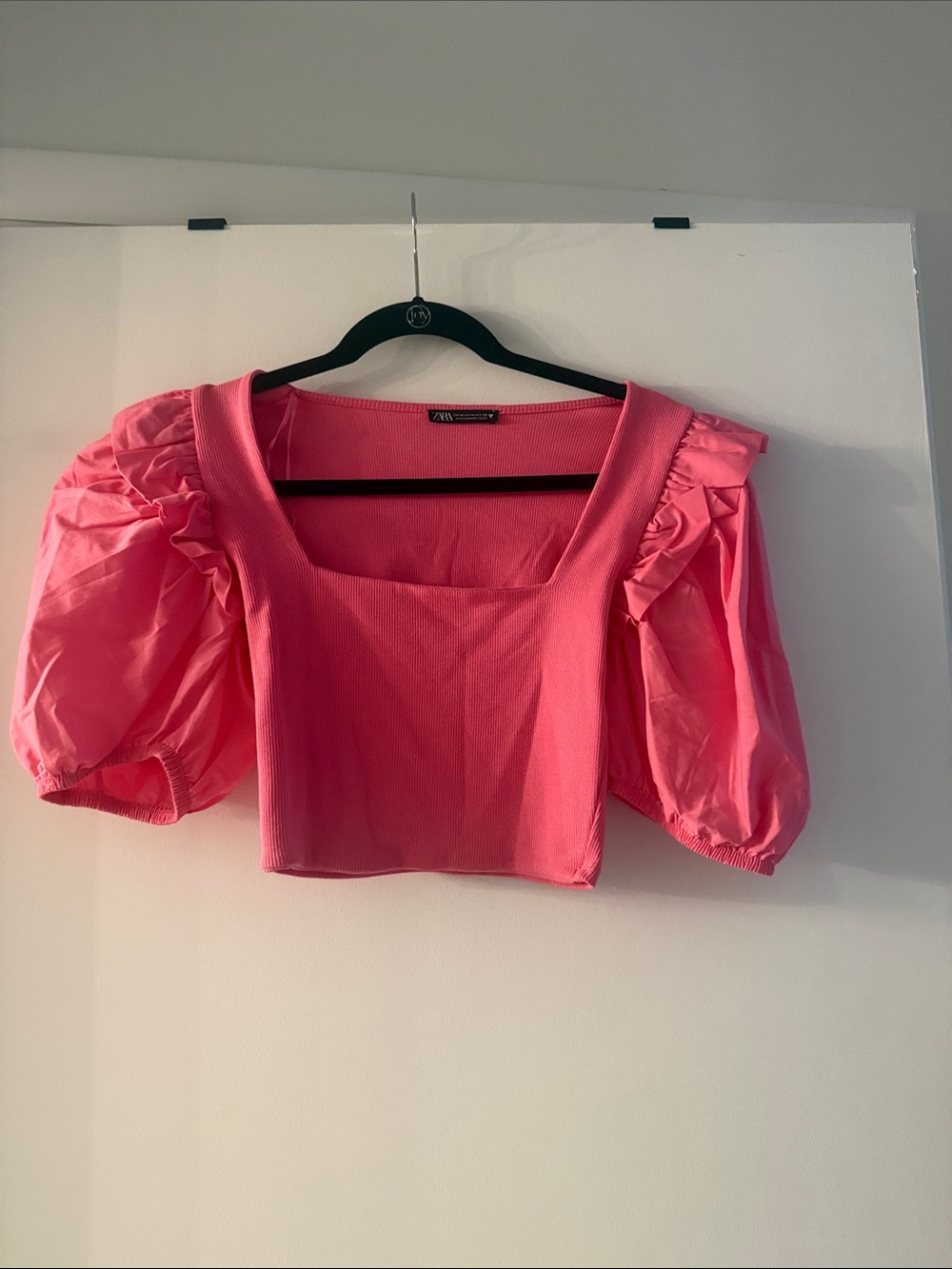 Zara Hot Pink Puff-Sleeve Square-Neck Crop Top